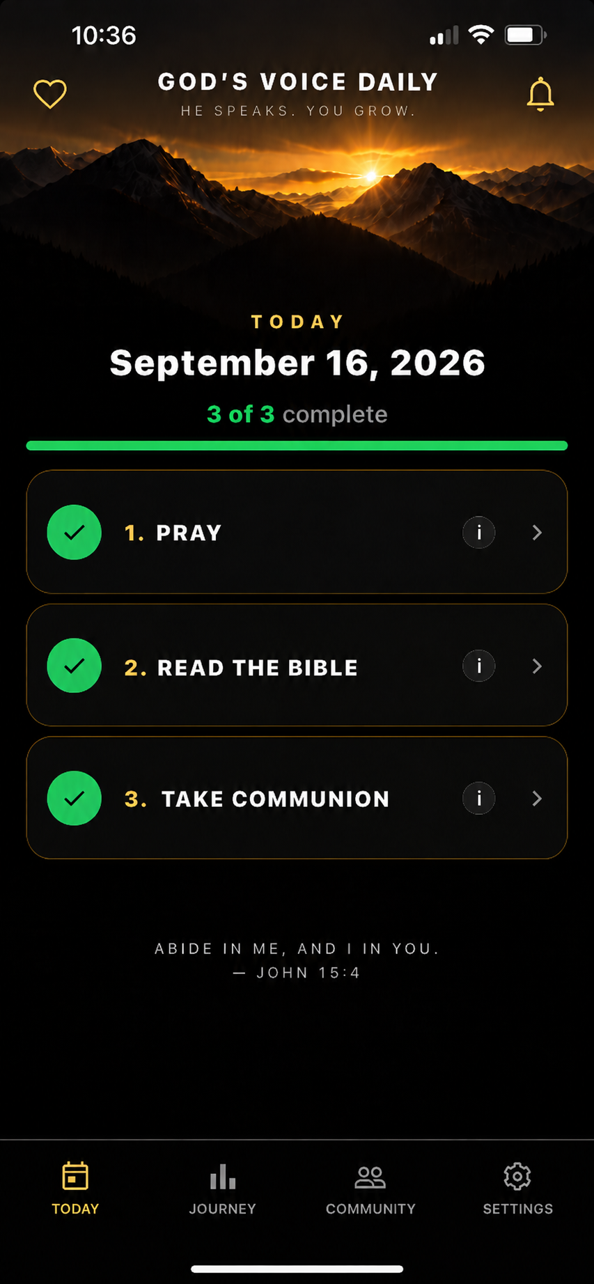God’s Voice Daily Today screen showing the three daily practices